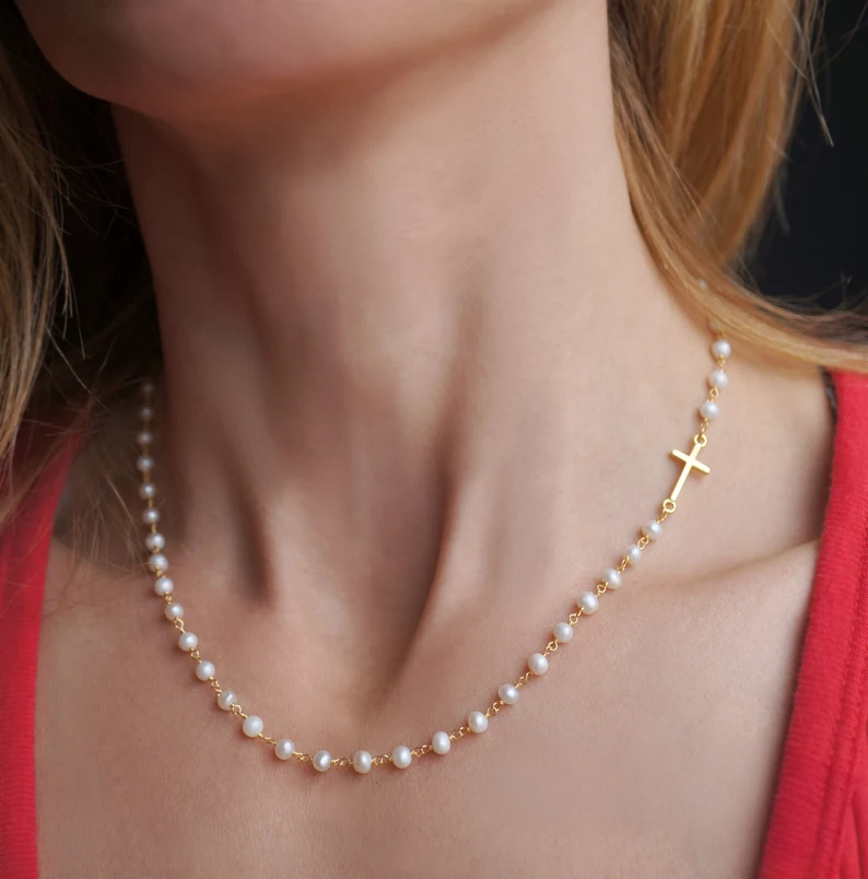 Dainty PearlCross Pendant Necklace