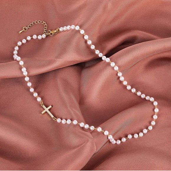 Dainty PearlCross Pendant Necklace