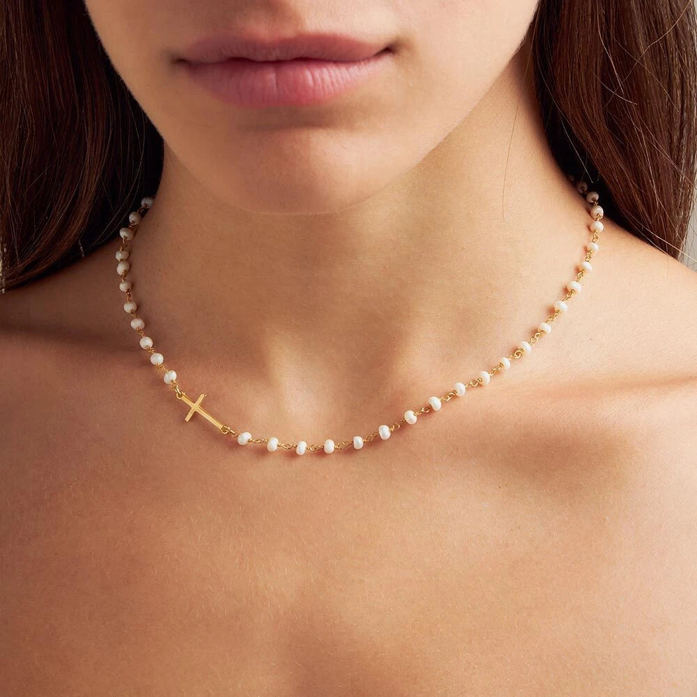 Dainty PearlCross Pendant Necklace