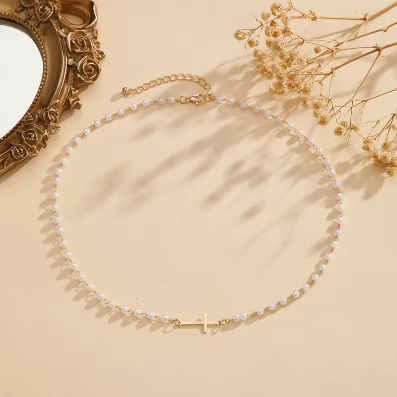 Dainty PearlCross Pendant Necklace