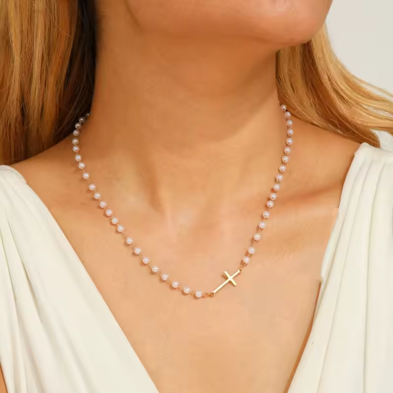 Dainty PearlCross Pendant Necklace