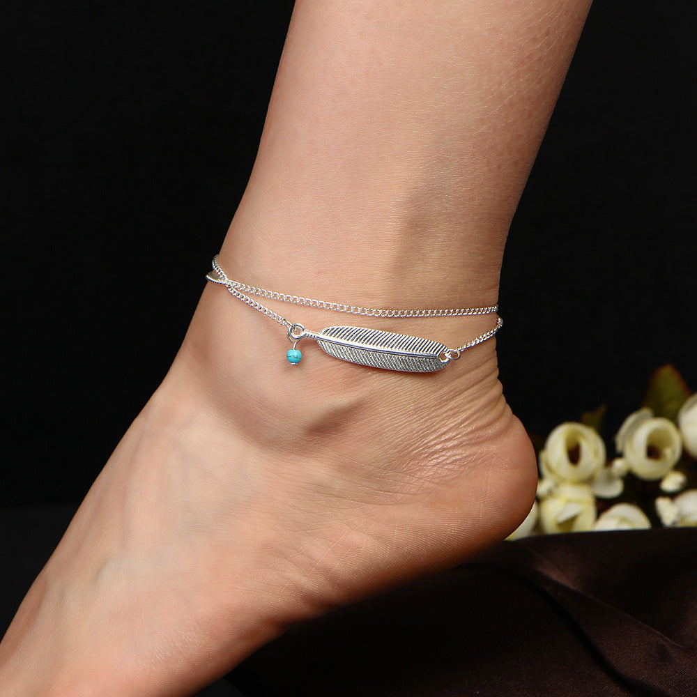 Turquoise Feather Charm Anklet