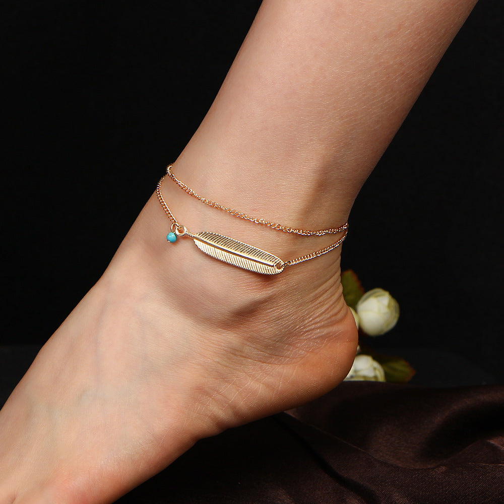 Turquoise Feather Charm Anklet